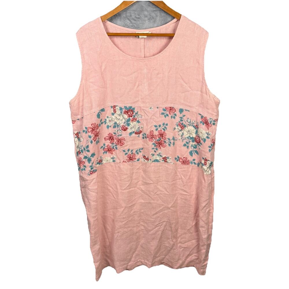 Vtg Breezy Mode Women’s Linen Dress Pink 2X Lagenlook‎ Mixed Media Floral